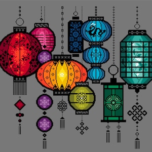 Padrão de ponto cruz arco-íris chinês de lanternas, festival de ano novo, design de lâmpadas votivas de velas por Vivsters, gráfico de contagem em PDF 279B