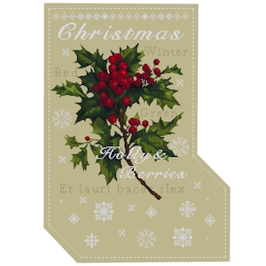Rustic Christmas Stocking Cross Stitch Pattern: Holly & Snowflakes (PDF Chart 037A)