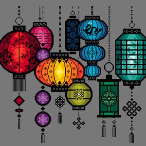 中国のランタンのクロスステッチパターン：新年のフェスティバルデザイン（PDF カウントチャート 279B）