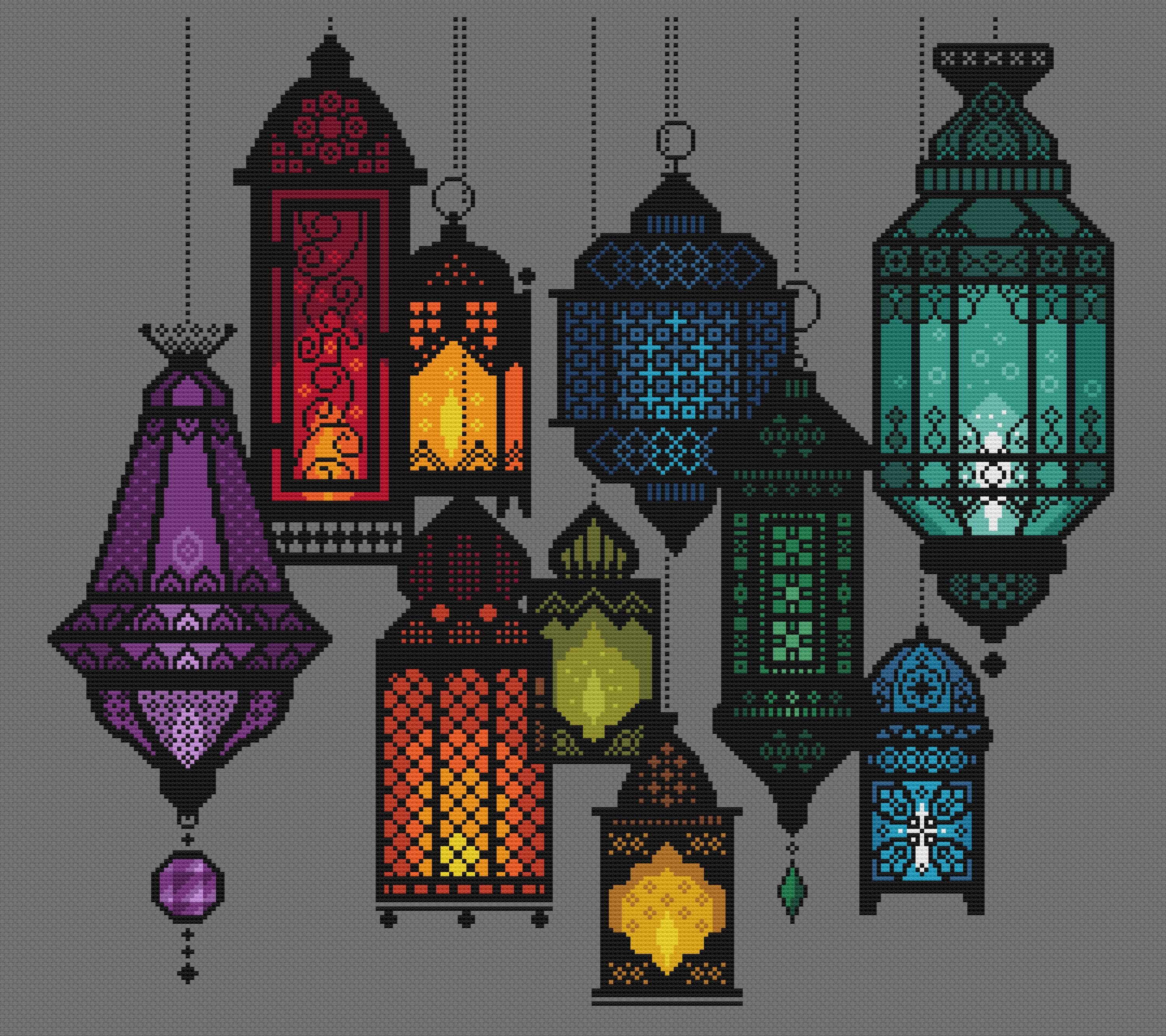 Moroccan Lanterns Cross Stitch Pattern: Bohemian Ramadan Design