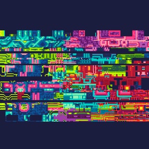 May include: Abstract digital art with a pixelated design in shades of blue, green, pink, yellow, and red. The design resembles a circuit board or a computer screen with glitches.