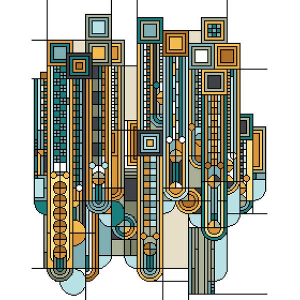 Art Deco Cross Stitch Pattern: Saguaro and Flowers, Geometric (PDF Counted Chart 251)