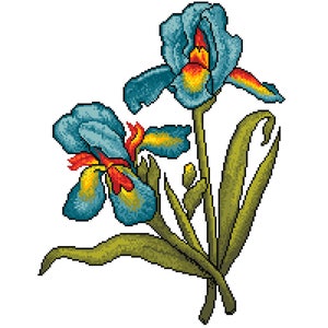 May include: A pixel art illustration of two blue iris flowers with green stems and leaves. The petals feature shades of blue, yellow, and red accents. The design is composed of distinct square pixels, creating a digital mosaic effect of the floral subject.