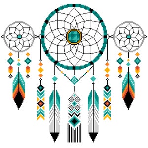 May include: A teal and black dreamcatcher with three circles, feathers, and geometric patterns in orange, yellow, and white.