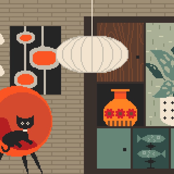 Modern kattenkruissteekpatroon uit het midden van de eeuw: oranje (pdf-teltabel 029A)