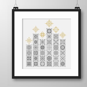 Ponto Cruz Quaker Sampler Velas de Natal Monocromático Blackwork com ouro metálico Candlemass Folk design Vivsters PDF gráfico contado 134A