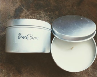 BEACH BUM Scented Soy Candle with a Cotton Wick,8 oz,Burns Clean,60 hours burn time,Made in Texas,Reusable Tin,No Parabens or Pthalates