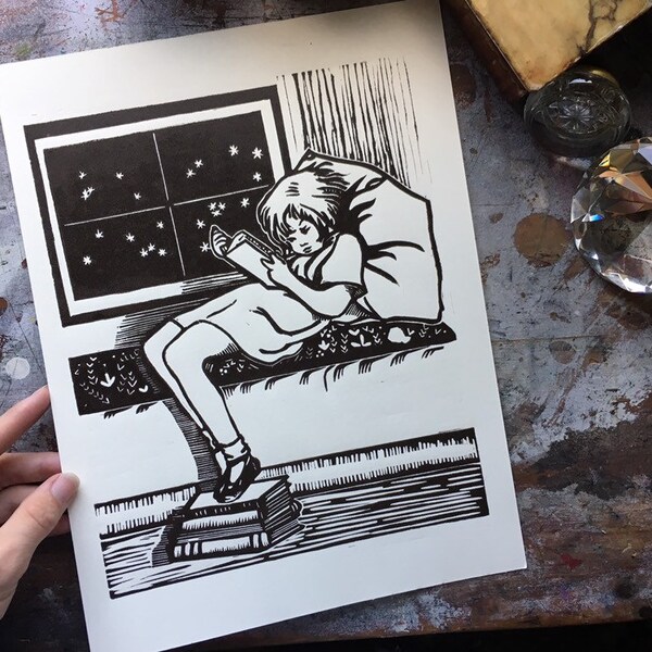 The Reader - Linocut Block Print -Antique Brown Limited Edition - Hand Printed - Vintage Book Girl - FollysomePrints