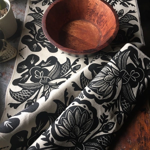 Block Printed Rosemaling Table Runner with Fringe - Hand Printed on Linen- Original Norwegian/ Scandinavian Folk Art Inspired