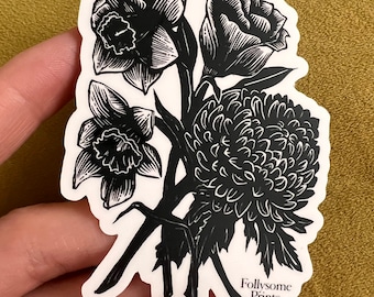 Botanical Linocut Sticker - Die Cut Stickers - Original Illustration Chrysanthemum, Rose, Daffodil Bouquet- RTS
