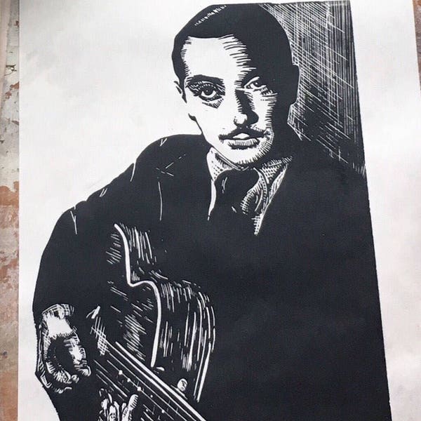 Django Reinhardt- There's this Gypsy in France - Linolschnitt Relief Print