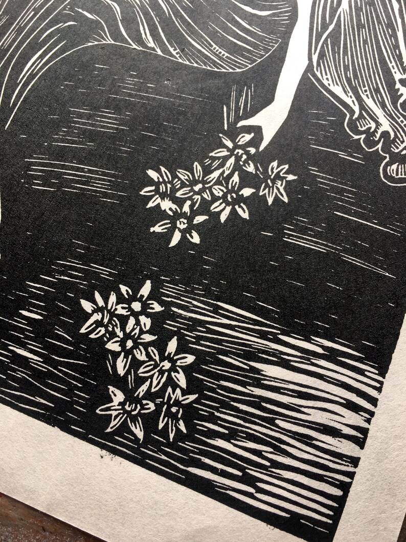 Greek Mythology Oh Fate to Pluck the Narcissus Persephone Hand Printed Linocut- Original Limited Block Print Art