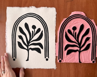 Crecimiento Sagrado - Impresión en bloque Linograbado sobre papel hecho a mano - Blanco y negro