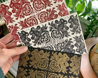 Greeting Card Sets - Letterpress Printed Cards, Blank Inside with Envelopes - Black and Gold, Rust Red and Black Thank You