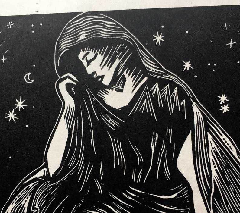 Greek Mythology Oh Fate to Pluck the Narcissus Persephone Hand Printed Linocut- Original Limited Block Print Art