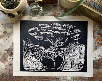 Will to Thrive - Tree of Life, Olympic National Park, Washington - Linocut Hand Pressed Print - Original Limited Block Print