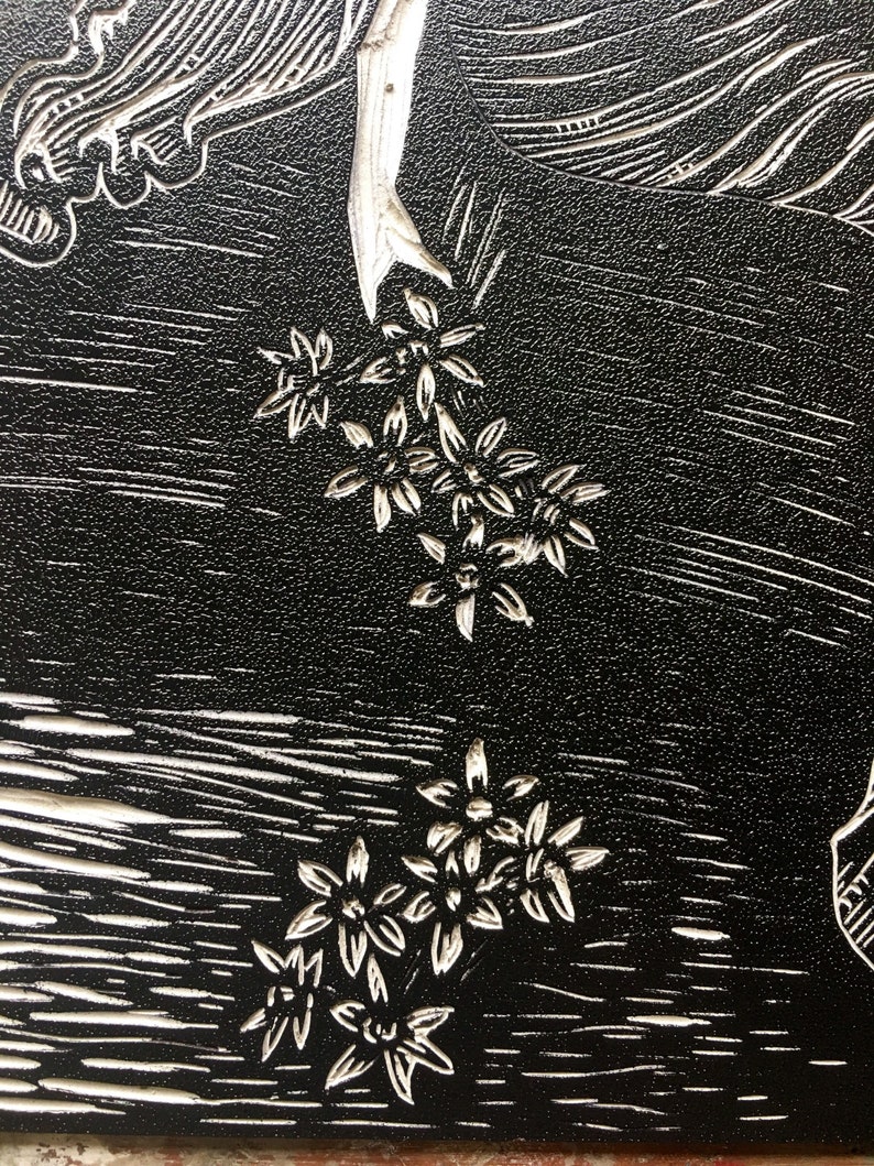 Greek Mythology Oh Fate to Pluck the Narcissus Persephone Hand Printed Linocut- Original Limited Block Print Art