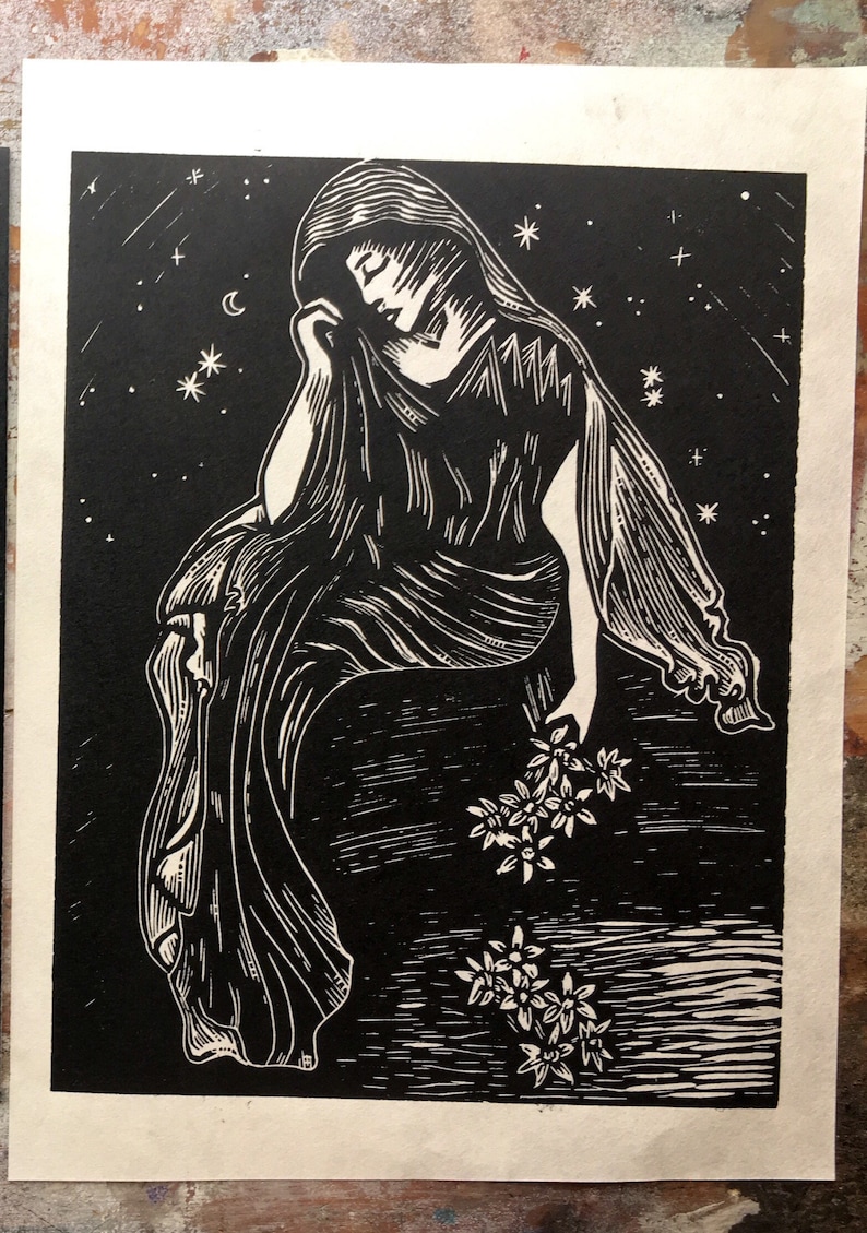 Greek Mythology Oh Fate to Pluck the Narcissus Persephone Hand Printed Linocut- Original Limited Block Print Art
