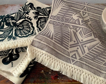 Linen Table Runner with Fringe - Hand Block Printed - MTO
