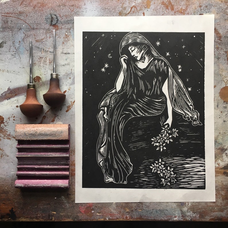 Greek Mythology Oh Fate to Pluck the Narcissus Persephone Hand Printed Linocut- Original Limited Block Print Art