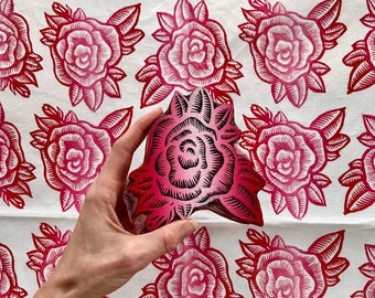 Roses - Block Printed Tea Towel - Botanical Print Pattern on White Cotton with Hanging Loop