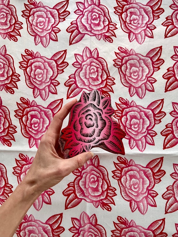 Roses - Block Printed Tea Towel - Botanical Print Pattern on White Cotton with Hanging Loop