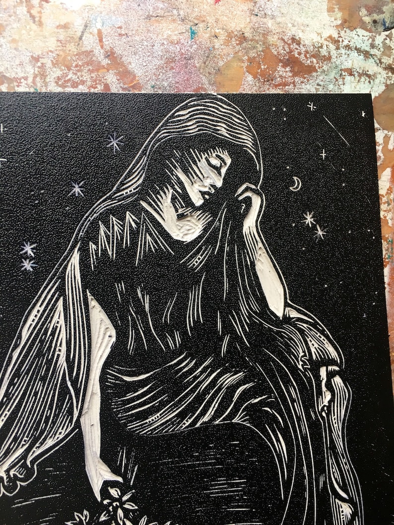 Greek Mythology Oh Fate to Pluck the Narcissus Persephone Hand Printed Linocut- Original Limited Block Print Art