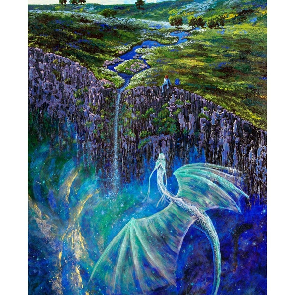 Find Your Dragon - giclée fine art print from original painting by Leta Eydelberg, 11"x17", Dragon, waterfall, meadow, brook, cliff, spring.