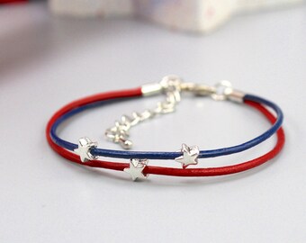 Star Bead Leather Bracelet, Fourth of July Double Leather Bracelet, Red and Blue Bracelet, July 4th Bracelet, Leather Star Bead Bracelet