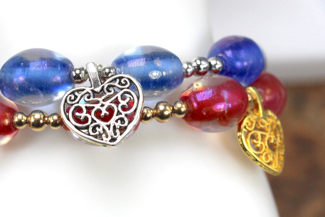 Heart Bracelet, Beaded Heart Bracelet, Heart Charm Beaded Bracelet