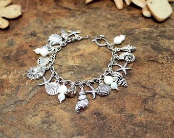 Bracelet à breloques coquillage, Bracelet à breloques océan, Bracelet océan, Bracelet coquillage, Bracelet bord de mer, Bracelet à breloques plage, Bijoux océan