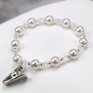 Swarovski Pearl Beaded LDS Temple Bracelet, Name Card Bracelet, White LDS Temple Stretch Bracelet, LDS Temple Bracelet, Pearl Bracelet