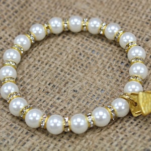 Beaded Gold LDS Temple Bracelet, Beaded Name Card Bracelet, White LDS Temple Stretch Bracelet, LDS Temple Bracelet, Mormon Bracelet