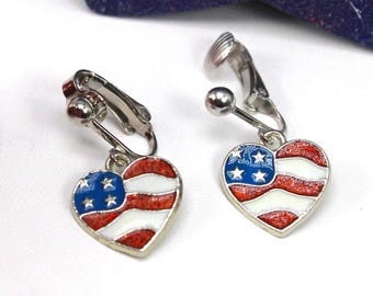 Flag Clip On Earrings, July 4th Dangle Earrings, Patriotic Earrings, America Flag Earrings, 4th of July Clip on Earrings