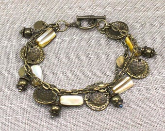 Mother of Pearl Charm Bracelet, Bronze Charm Bracelet, Antique Bracelet, Boho Charm Bracelet, Antique  Chain Bracelet, Coin Charm Bracelet
