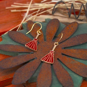 Witches Broom Earrings, Witch Dangle Earrings, Broom Dangle Earrings, Halloween Witch Earrings, Enameled Broom Earrings, Halloween Jewelry