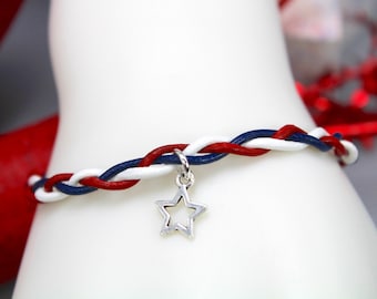 Fourth of July Leather Bracelet, Leather Braided Bracelet, Red White and Blue Bracelet, July 4th Charm Bracelet, Leather Star Charm Bracelet