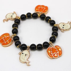 Halloween Beaded Bracelet, Pumpkin Charm Bracelet, Ghost Bracelet, Halloween Enameled Bracelet, Halloween Jewelry, Halloween Bracelet