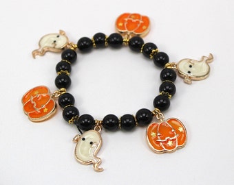 Halloween Beaded Bracelet, Pumpkin Charm Bracelet, Ghost Bracelet, Halloween Enameled Bracelet, Halloween Jewelry, Halloween Bracelet