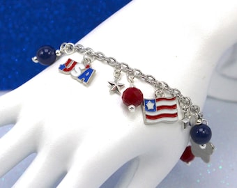 Patriotic Charm Bracelet, July 4th Bracelet, 4th of July Bracelet, July Fourth Charm Bracelet, America Bracelet, American Flag Bracelet