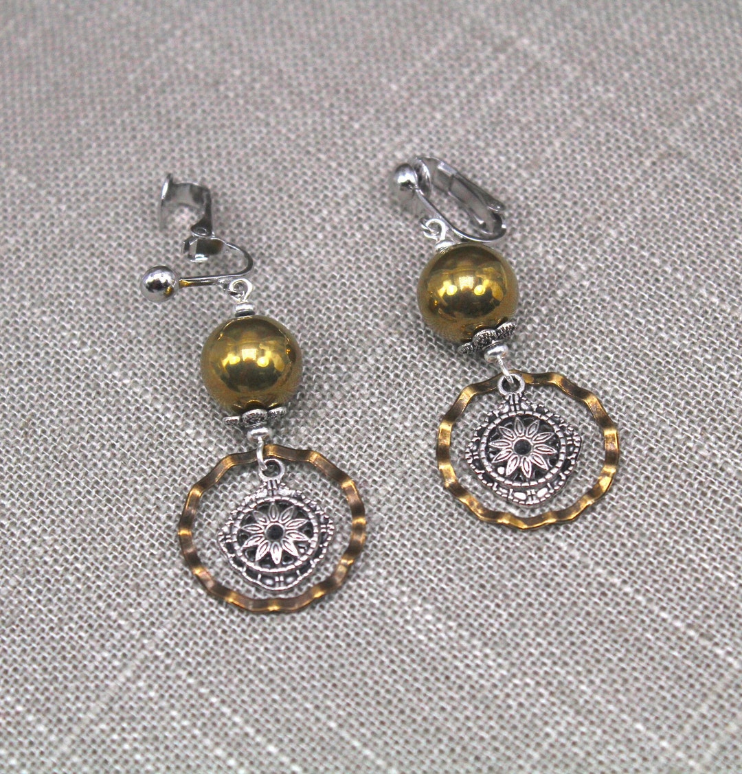 Clip on Brass Earrings, Clip on Boho Earrings, Clip on Bronze Earrings