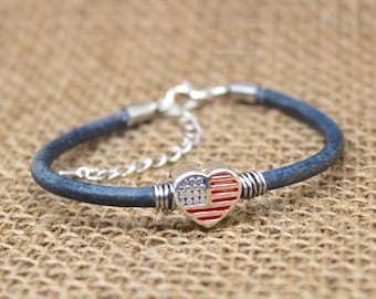July 4th Leather Bracelet, Leather Bracelet, Leather Anklet, Flag Bracelet, Heart Leather Anklet, Patriotic Bracelet,
