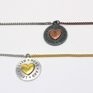 Love Charm Necklace, Faith Charm Necklace, Hope Charm Necklace, Gold Heart Necklace, Silver Necklace, Copper Heart Necklace, Mixed Metals