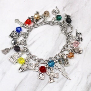May include: A silver charm bracelet with a variety of charms, including a castle, a broom, a snake, a dragon, a lightning bolt, and a variety of colored beads.