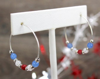 Silver Hoop Earrings, Beaded Hoop Earrings, 4th of July Earrings, Red, White and Blue Hoops, Women&#39;s Hoop Earrings, America Hoop Earrings