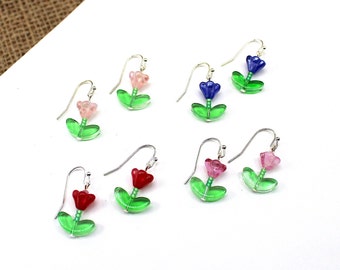 Tulip Earrings, Tulip Dangle Earrings, Flower Earrings, Flower Dangle Earrings, Czech Glass Earrings, Garden Earrings, Women Flower Earrings