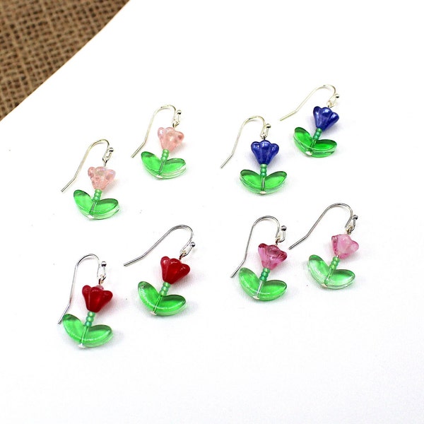 Tulip Earrings, Tulip Dangle Earrings, Flower Earrings, Flower Dangle Earrings, Czech Glass Earrings, Garden Earrings, Women Flower Earrings