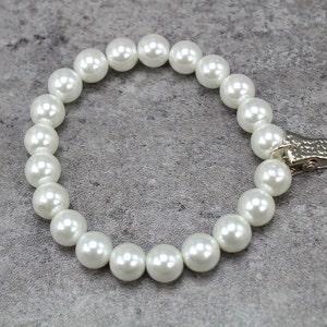 LDS Temple 10 mm Beaded Bracelet, 10 mm Beaded Name Card Bracelet, White LDS Temple Stretch Bracelet, LDS Temple Bracelet, Mormon Bracelet