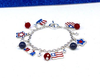 Patriotic Charm Bracelet, July 4th Bracelet, 4th of July Bracelet, July Fourth Charm Bracelet, America Bracelet, American Flag Bracelet