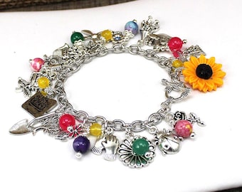 Flower Garden Charm Bracelet, Plant Lover Bracelet, Garden Charm Bracelet, Plant People Bracelet, I Love Plants Bracelet, Gardening Jewelry